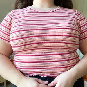 Red, Orange, and White Striped Baby Tee Plus Size Cropped Ribbed Tee